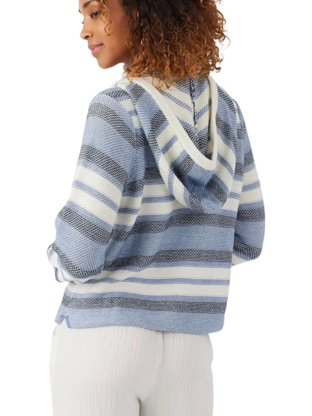 O'Neill Striped V-Neck Beach Hoodie Sweater in Light Blue, White, and Gray - Picture 3 of 9